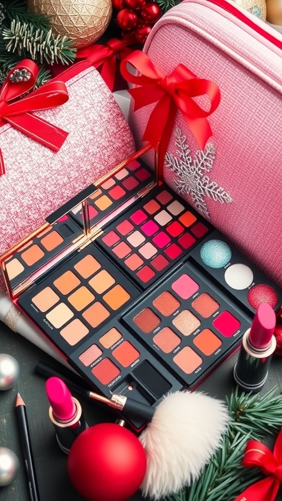 Christmas gift makeup set with eyeshadow palette, lipsticks, and makeup bag on a festive background.